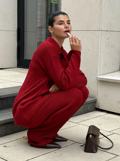 Knit Cardigan Pants Set for Women - Thick and Warm Outfit