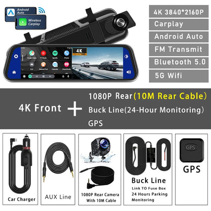 10 Inch 4K Dash Cam Rearview Mirror with GPS and WiFi