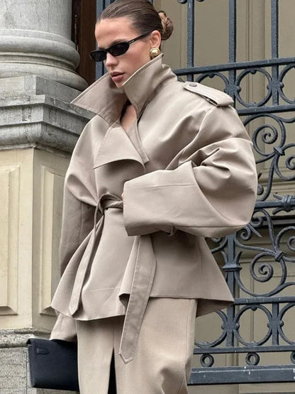 Solid Lace Up Trench Coat Women Full Sleeve Windbreak