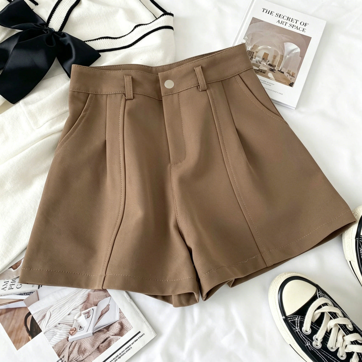 Vintage Solid High Waist A-Line Shorts for Women