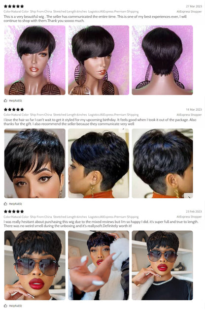 Short Pixie Cut Human Hair Wig with Bangs for Women