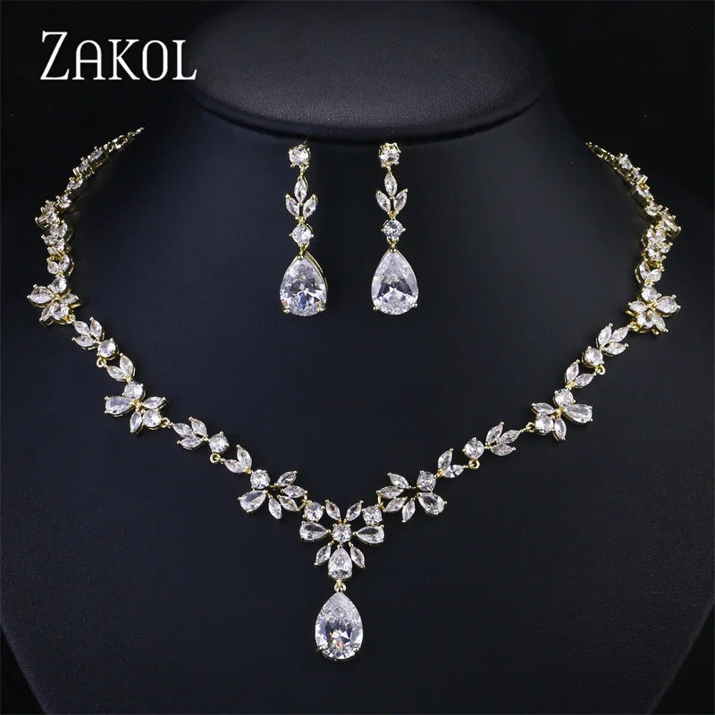 ZAKOL Brilliant Zirconia Leaf Jewelry Set for Women