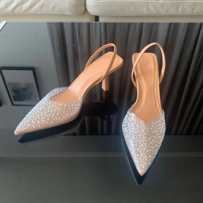 Women High Heels Slingback Pumps with Pearl Decoration