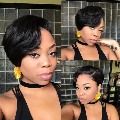 Straight Pixie Cut Wig Transparent Lace Human Hair Black