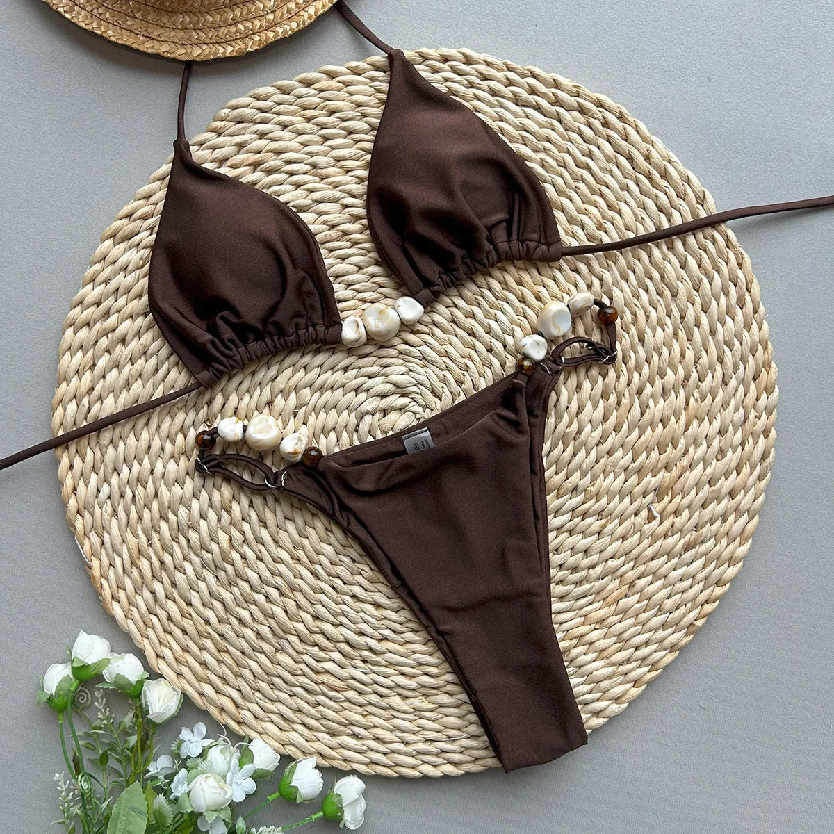 Solid Green Halter Triangle Bead String Bikini Set