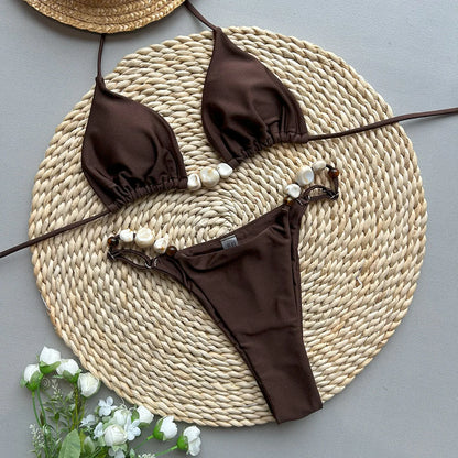 Solid Green Halter Triangle Bead String Bikini Set