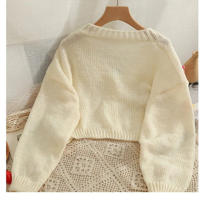 Applique Flower V-Neck Knit Cardigan for Women