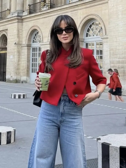 Ladies Short Sleeve Blazer Polyester Stand-up Collar