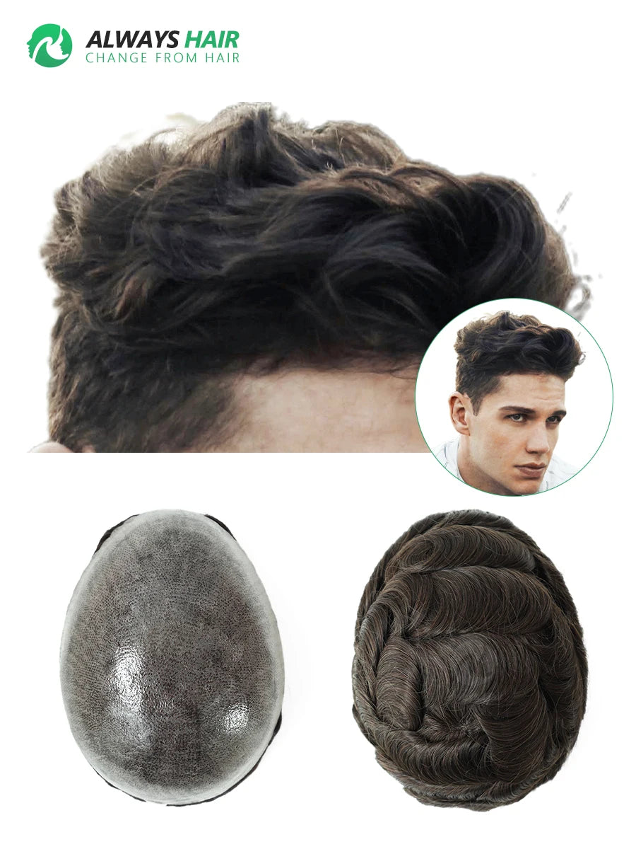 PU Men Toupee Indian Human Hair 130% Density Wig