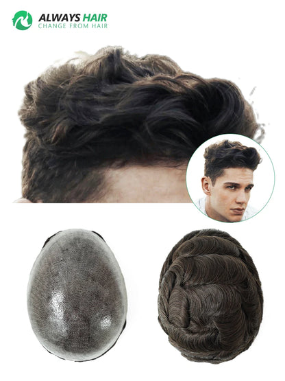 PU Men Toupee Indian Human Hair 130% Density Wig