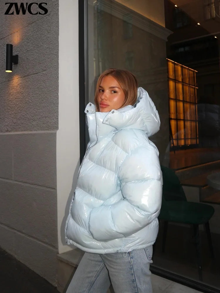 Solid Glossy Zipper Hooded Coat Women's Cotton Jacket