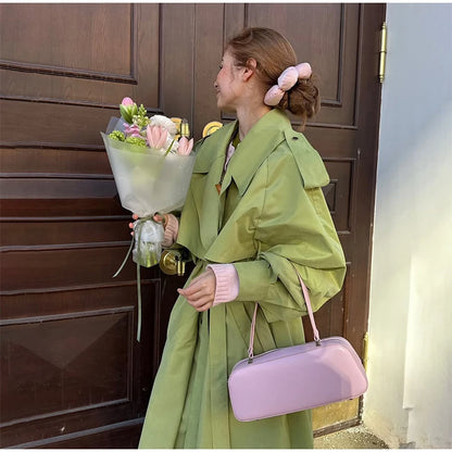 Khaki Long Color-block Stripe Trench Coat for Women