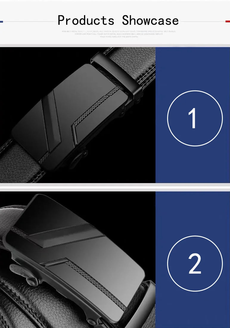 Men's Black PU Leather Automatic Buckle Belt 110cm 120cm 130cm