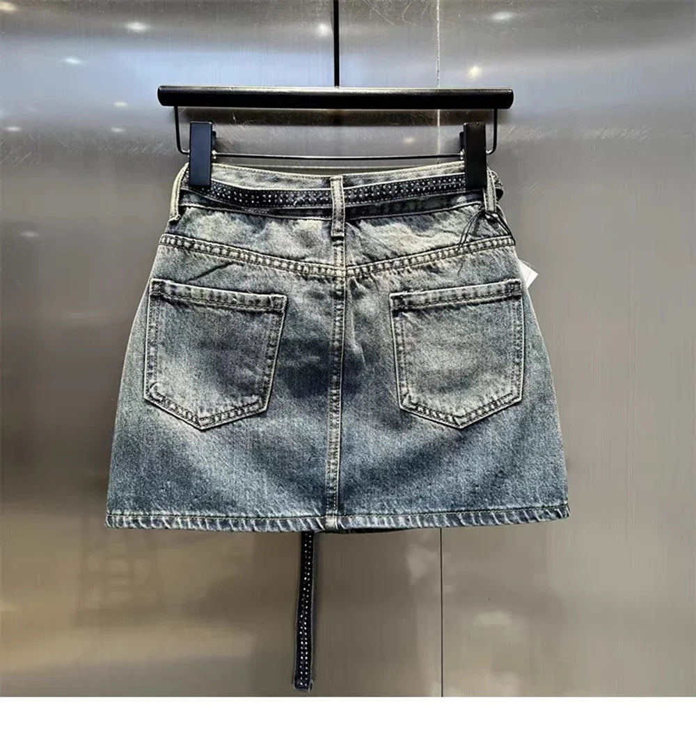 Oversize Diamond Denim Mini Skirt Women Gradient Black Grey