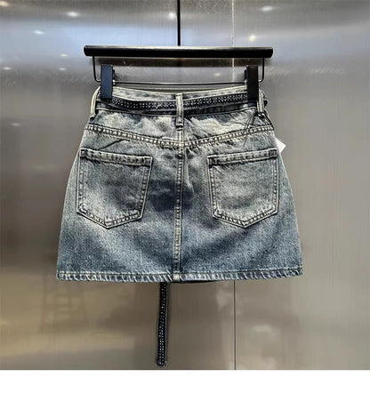 Oversize Diamond Denim Mini Skirt Women Gradient Black Grey