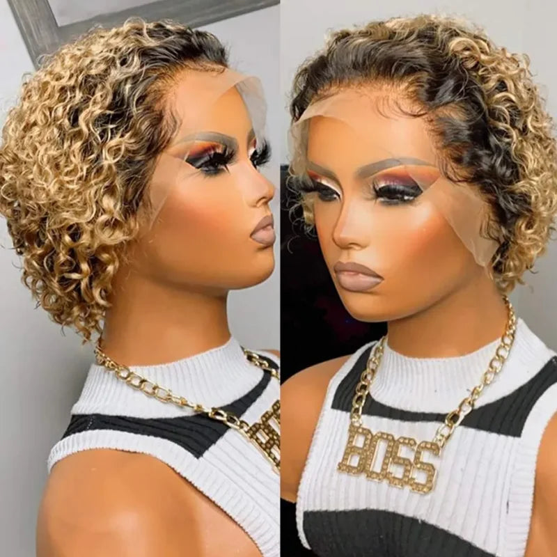 Pixie Cut Curly Human Hair Wig 13x1 Lace Frontal