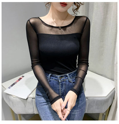 Women Slim Fit Long Sleeve Mesh T-Shirt