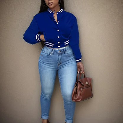 Women's Pure Color Single Breasted Baseball Jacket