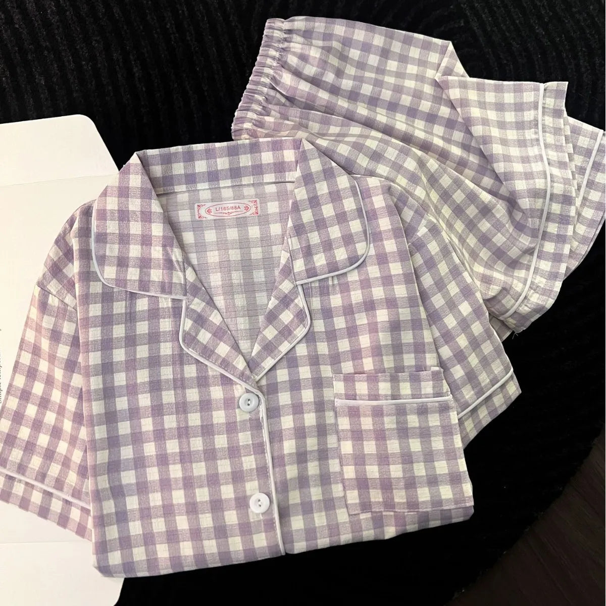 Japanese Minimalist Women's Pink Plaid Pajamas