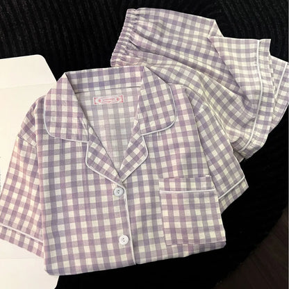Japanese Minimalist Women's Pink Plaid Pajamas