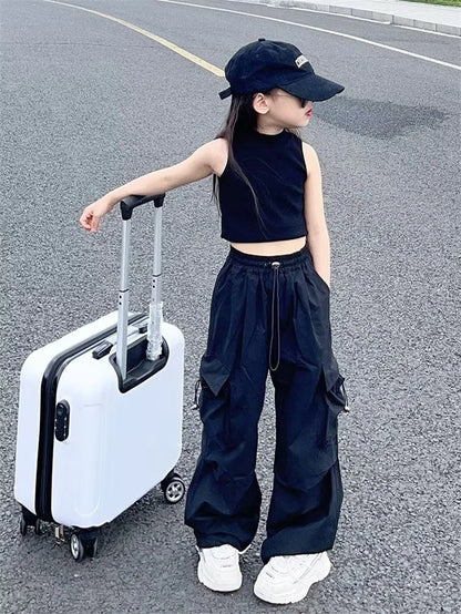 Girls Cargo Pants Cotton Polyester Black Grey Red