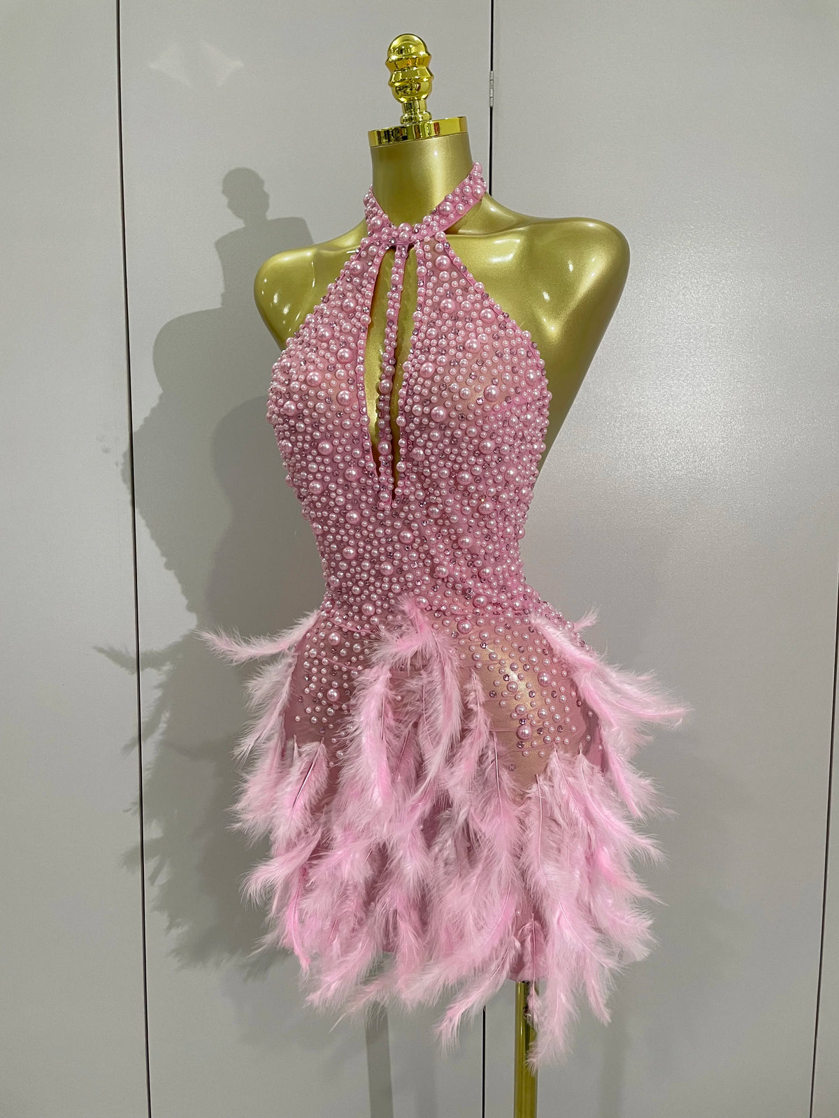 Luxury Rhinestones Pearls Feathers Halter Backless Dress