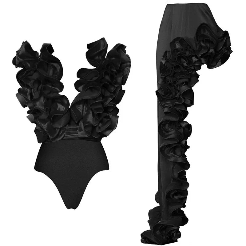 CM.YAYA Women Ruffled Asymmetrical V-Neck Bodysuit and Long Skirt Set