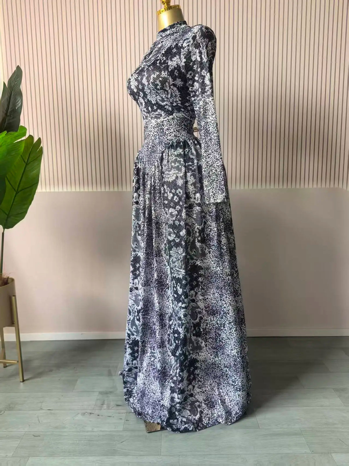 Women Plaid Long Sleeve Maxi Dress Polyester A-Line