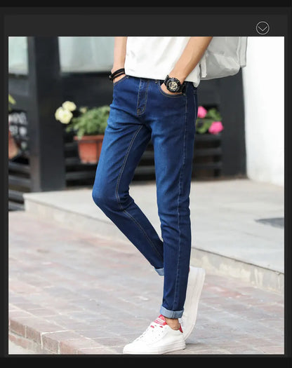 Mens Slim Fit Denim Pencil Pants Black White Stretch Jeans