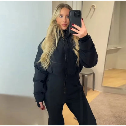 Faux Fur Hooded Women's Ski Jumpsuit with Zippers