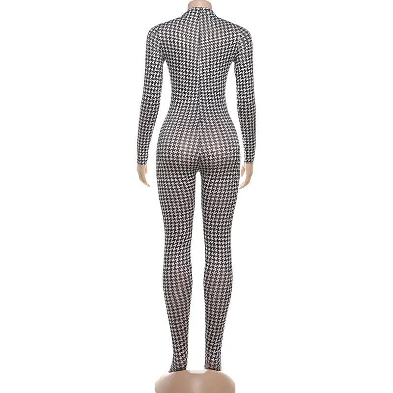 Plaid Bodycon Jumpsuit Women Turtleneck Fitness Clothing