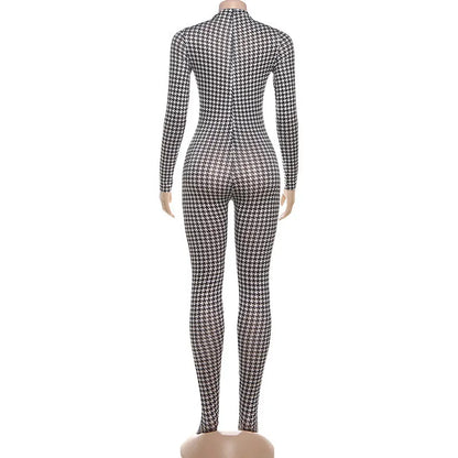 Plaid Bodycon Jumpsuit Women Turtleneck Fitness Clothing