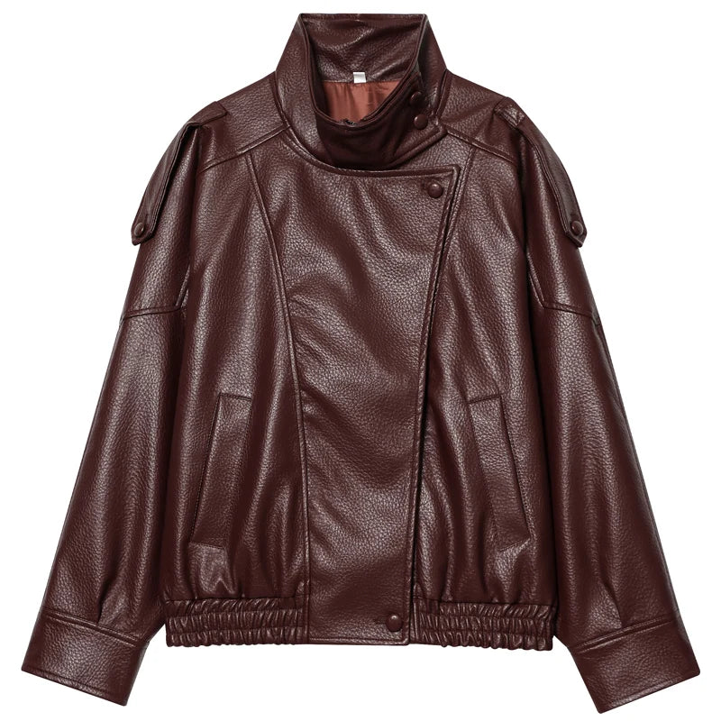Women's Black Leather Bomber Jacket Zip-Up