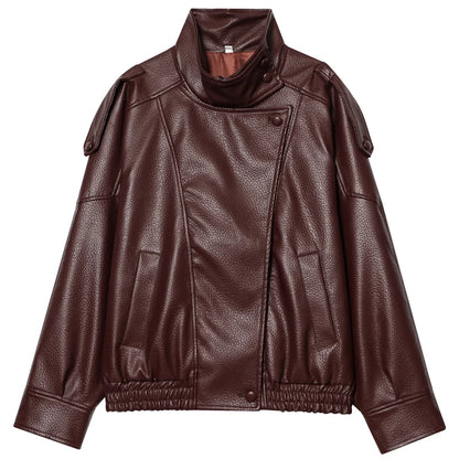 Women's Black Leather Bomber Jacket Zip-Up
