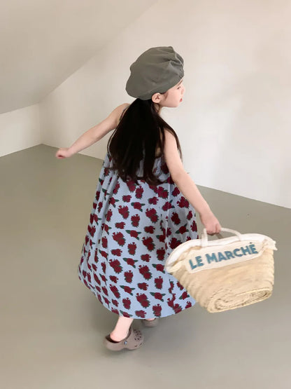 Sleeveless Beach Dress Printed Rose for Girls 4-6Y