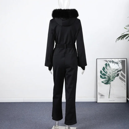 Faux Fur Hooded Women's Ski Jumpsuit with Zippers
