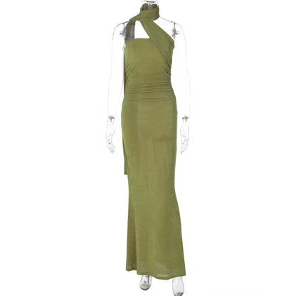 Hugcitar Halter Backless Ruched Bodycon Maxi Dress
