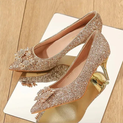 Elegant Crystal Pointed Toe High Heel Pumps for Women