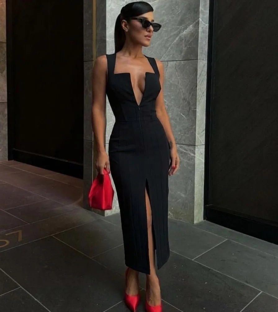 Solid Square Neck Midi Dress Women Zip Up Sleeveless