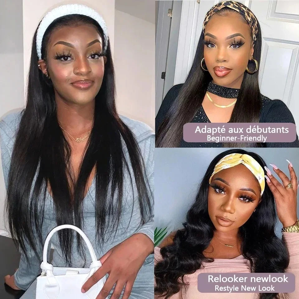Human Hair Straight Headband Wig Natural Black 180% Density