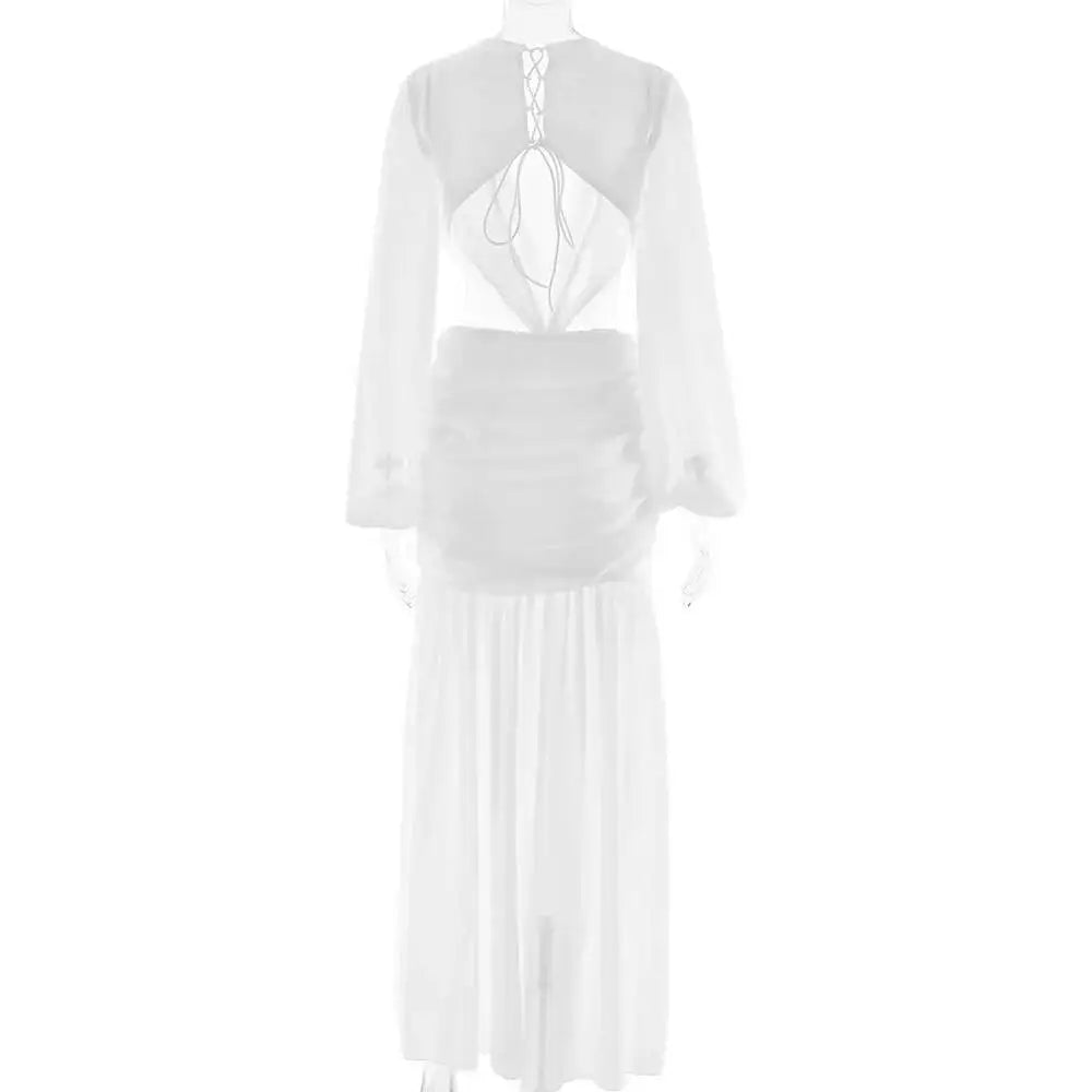 Deep V Hollow Backless Chiffon Maxi Party Dress