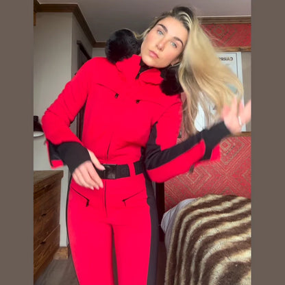 Fur-Trimmed Hooded One-Piece Ski Suit for Women
