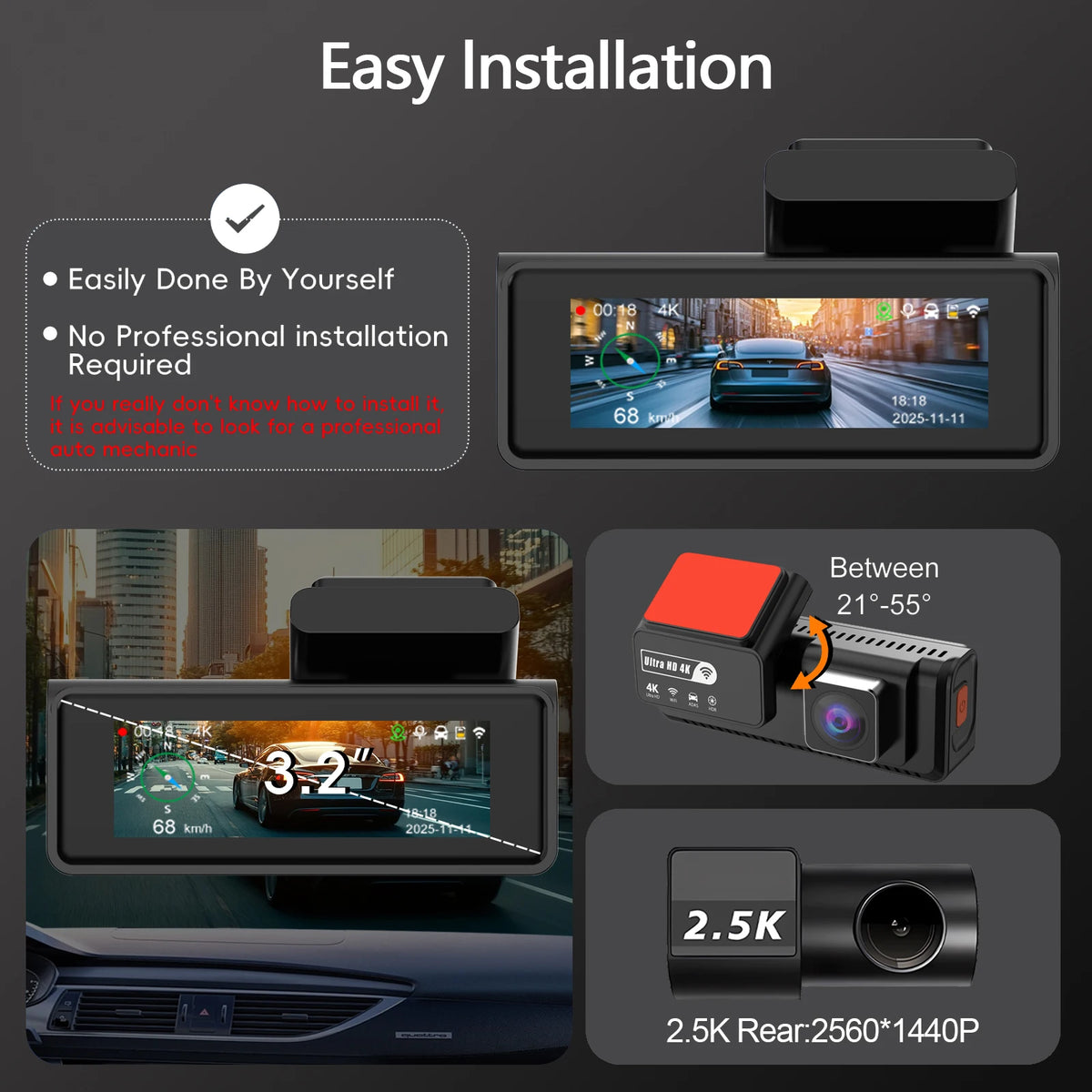 ADAS Dash Cam 4K 2.5K GPS WiFi Night Vision Mini