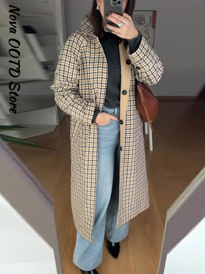 Reversible Plaid Long Trench Coat Women Single Breasted