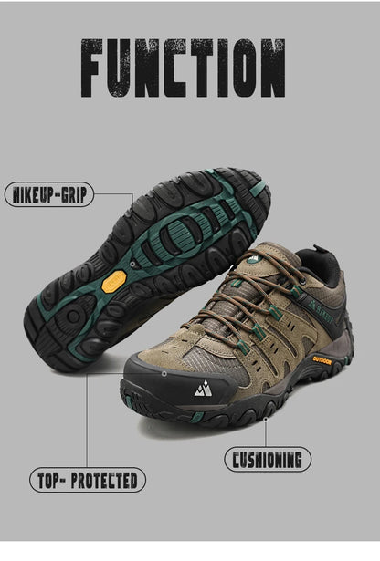 HIKEUP Men's Suede Leather Hiking Shoes Black Gray Khaki