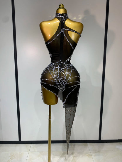 Black Mesh Crystal Diamond Bodycon Dress for Women