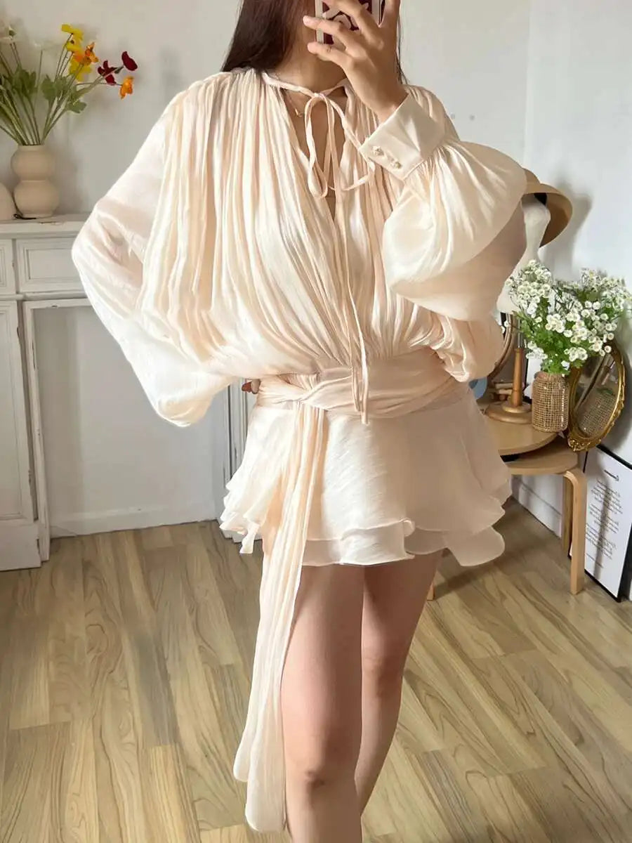 TWOTWINSTYLE V Neck Long Sleeve Mini Dress for Women