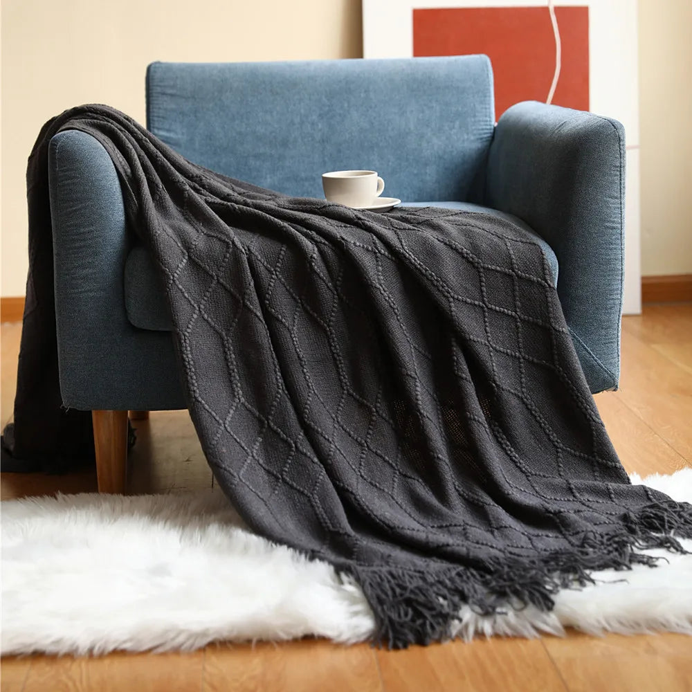 Khaki Knitted Acrylic Blanket with Tassels