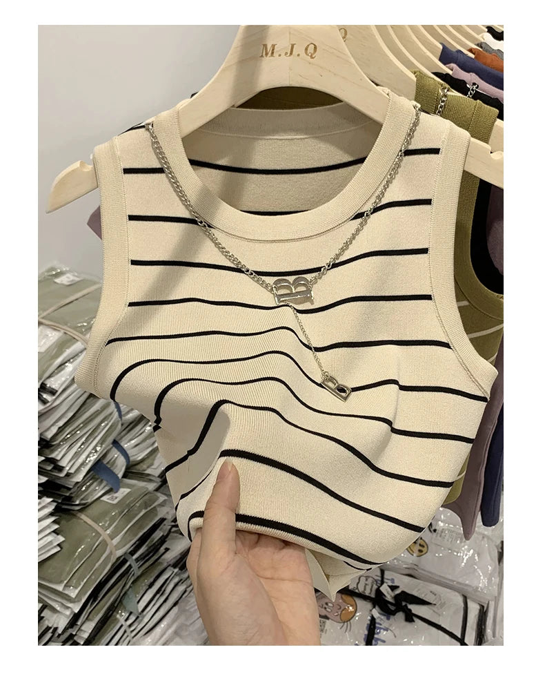 Striped Knit Sleeveless Waistcoat for Women