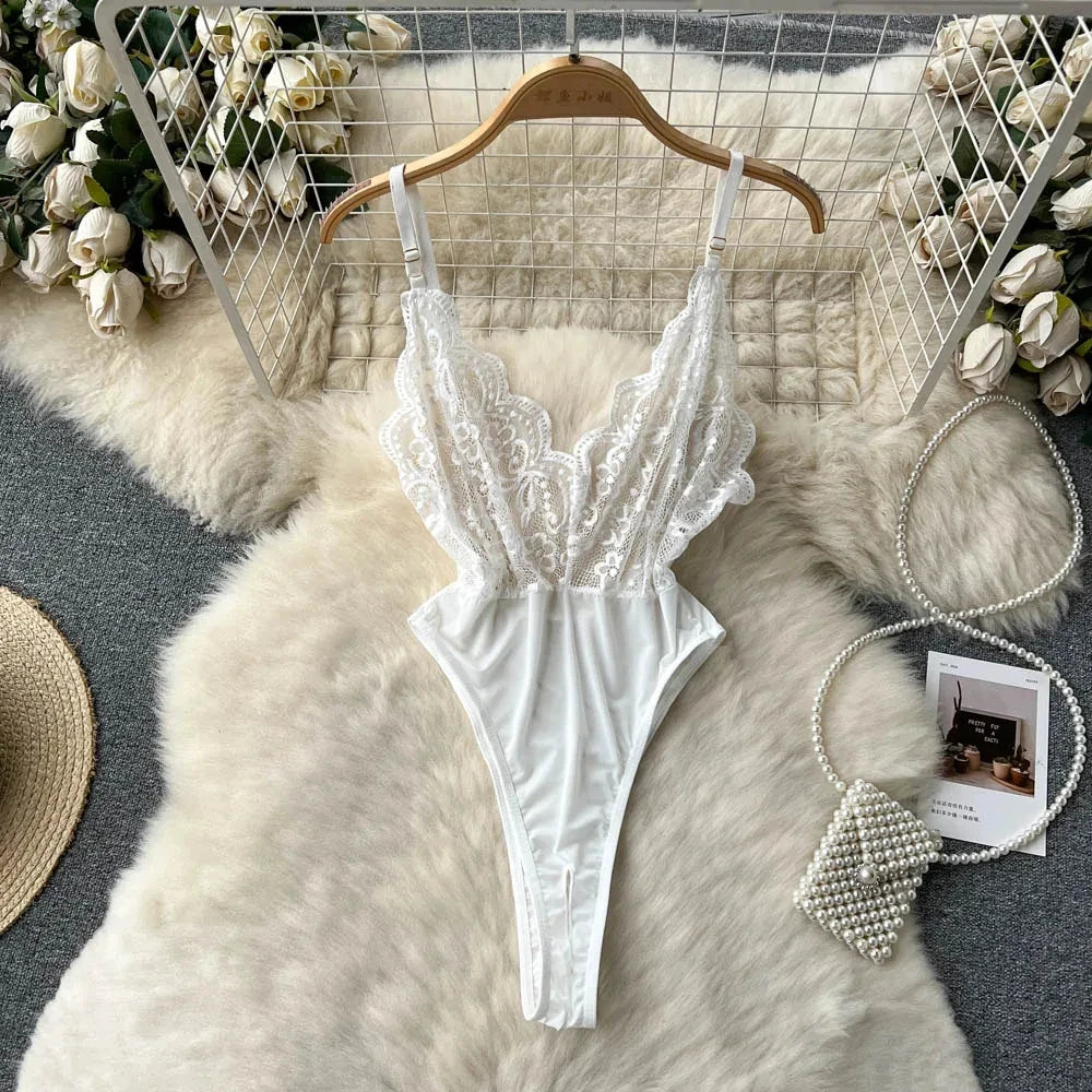 Women Transparent Lace Up Halter Bodysuit Romper